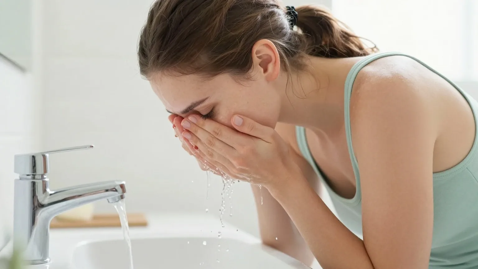Junge Frau um die zwanzig mit Sommersprossen wäscht sich morgens an einem hellen Badezimmerwaschbecken das Gesicht mit klarem Wasser