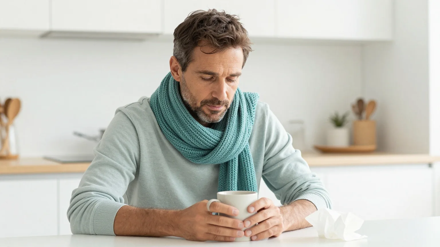 Mann um die vierzig sitzt mit einem Schal um den Hals am Küchentisch und hält eine Tasse mit heißem Getränk in beiden Händen