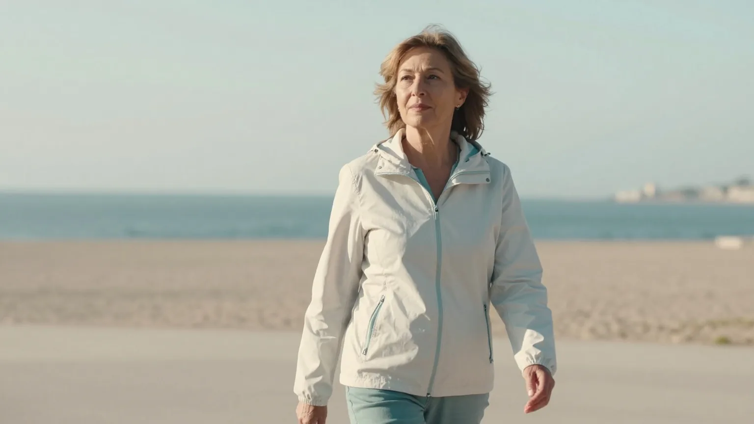 Frau in den Sechzigern geht an einem windigen Morgen in leichter Jacke zügig und aufrecht über eine Strandpromenade