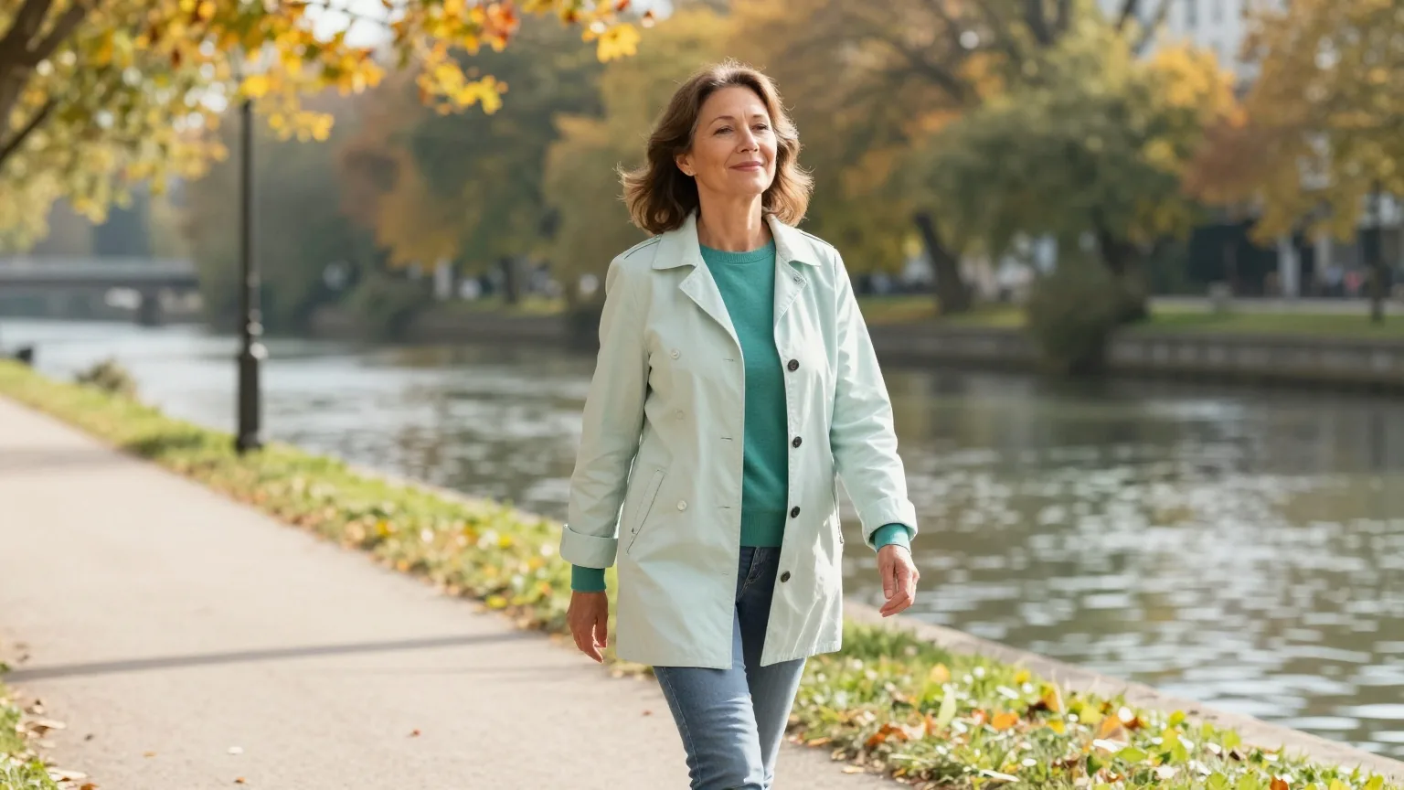 Frau in den Vierzigern geht an einem sonnigen Herbsttag auf einem Weg am Fluss spazieren und atmet entspannt durch
