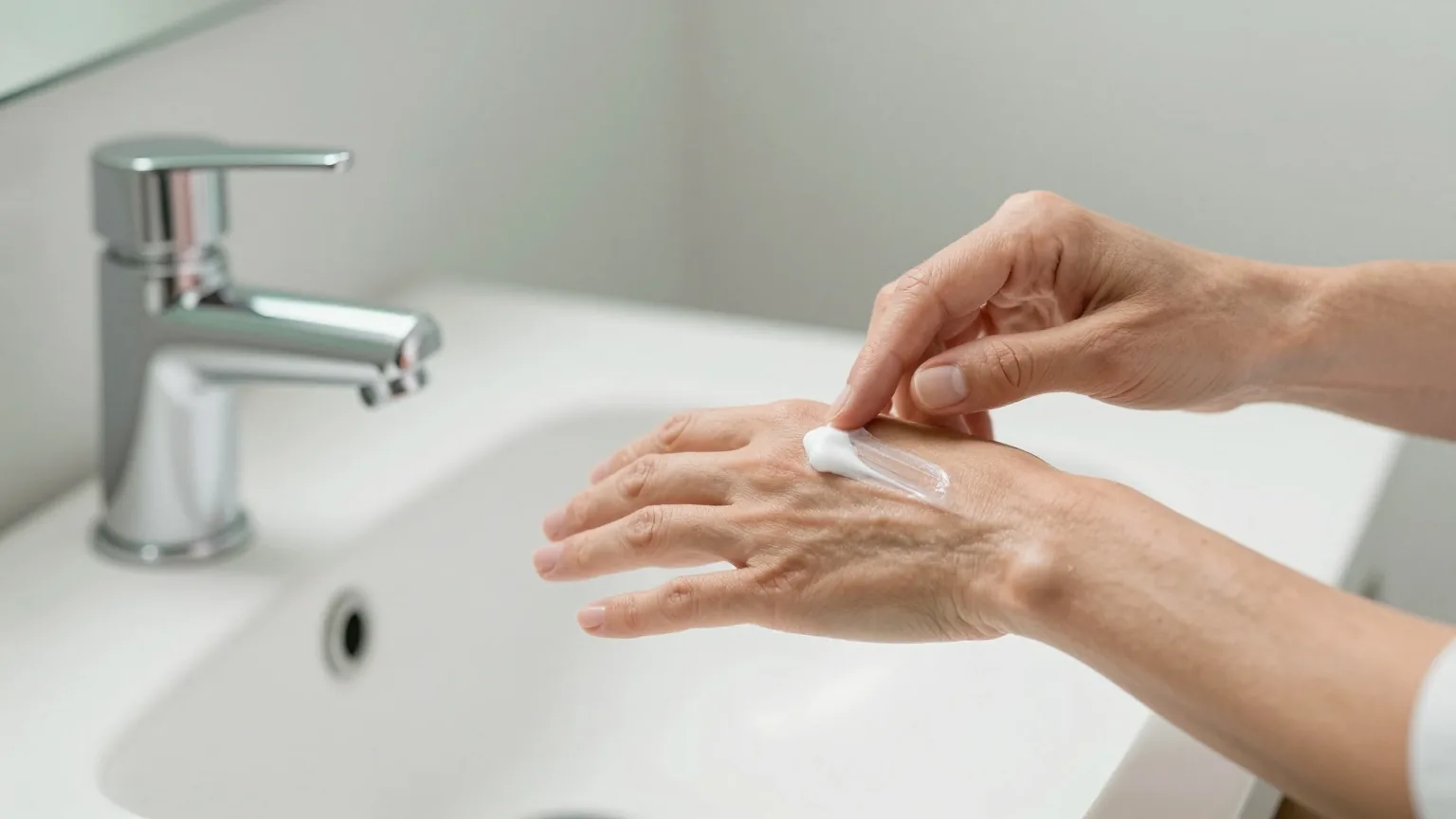 Frau Mitte vierzig trägt an einem hellen Waschbecken eine dünne Schicht Creme auf ihren Handrücken auf