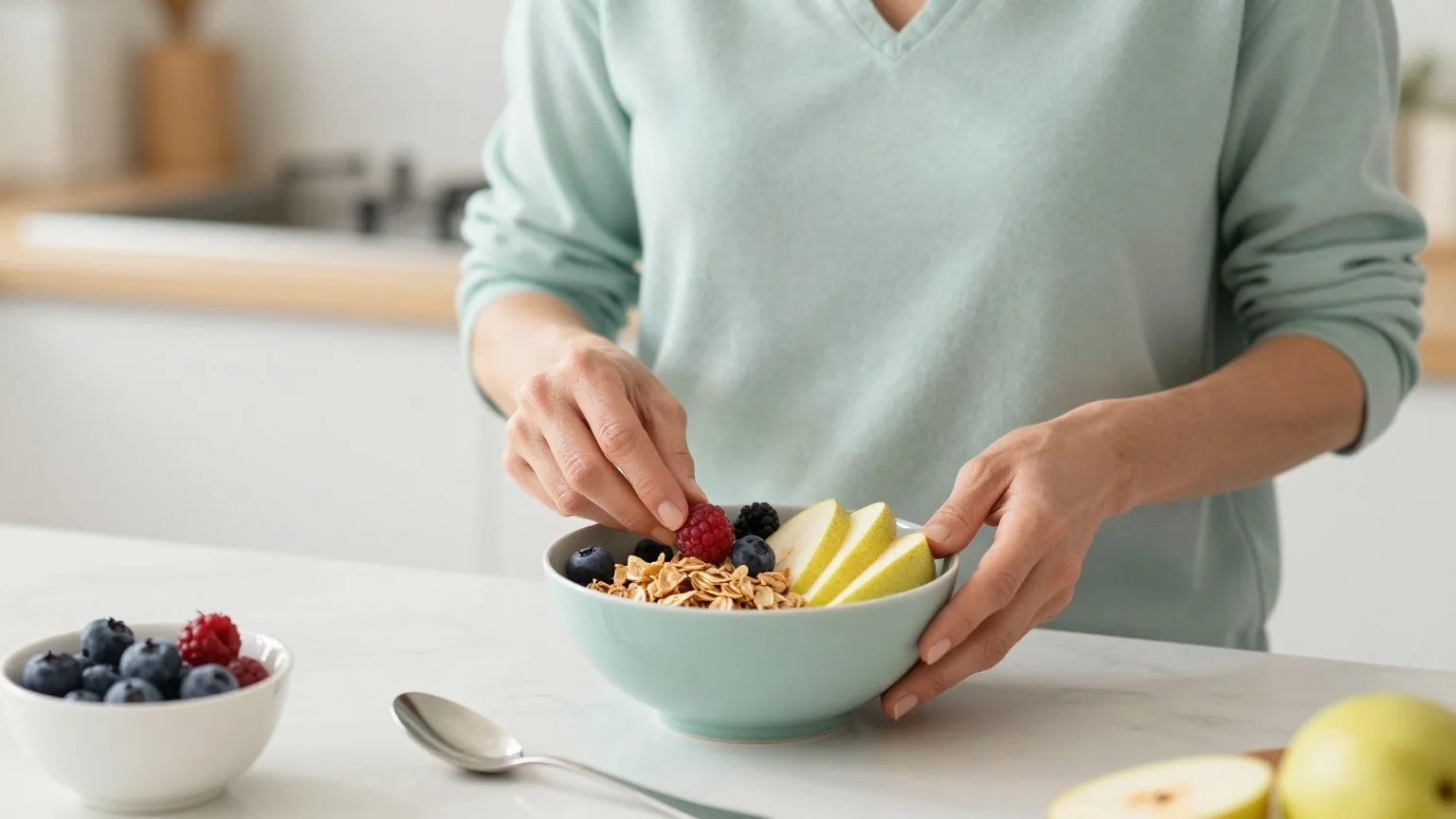 Frau Mitte fünfzig bereitet an der hellen Küchenarbeitsplatte eine Schale Müsli mit frischem Obst zu