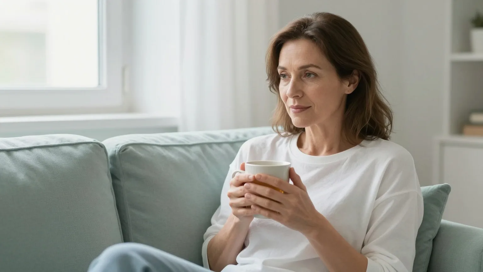 Frau mittleren Alters sitzt nachdenklich auf einem Sofa und hält eine Tasse in beiden Händen, gedämpftes Tageslicht