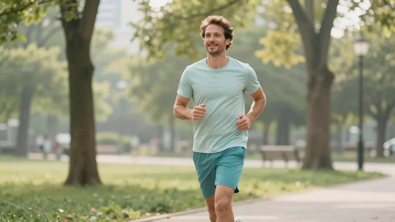 Mann Ende dreißig joggt morgens locker durch einen grünen Stadtpark und atmet frei