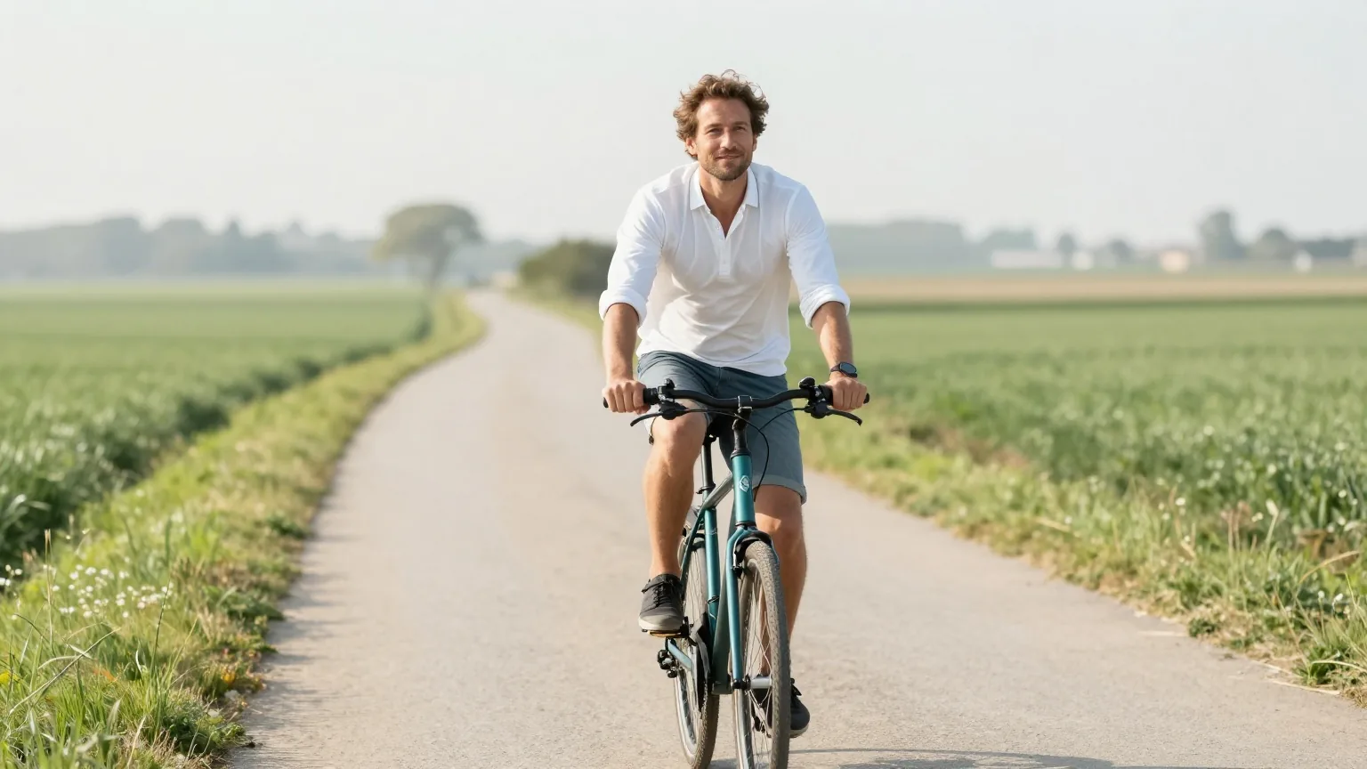 Mann um die vierzig fährt an einem sonnigen Morgen mit dem Fahrrad auf einem ruhigen Radweg zwischen grünen Feldern
