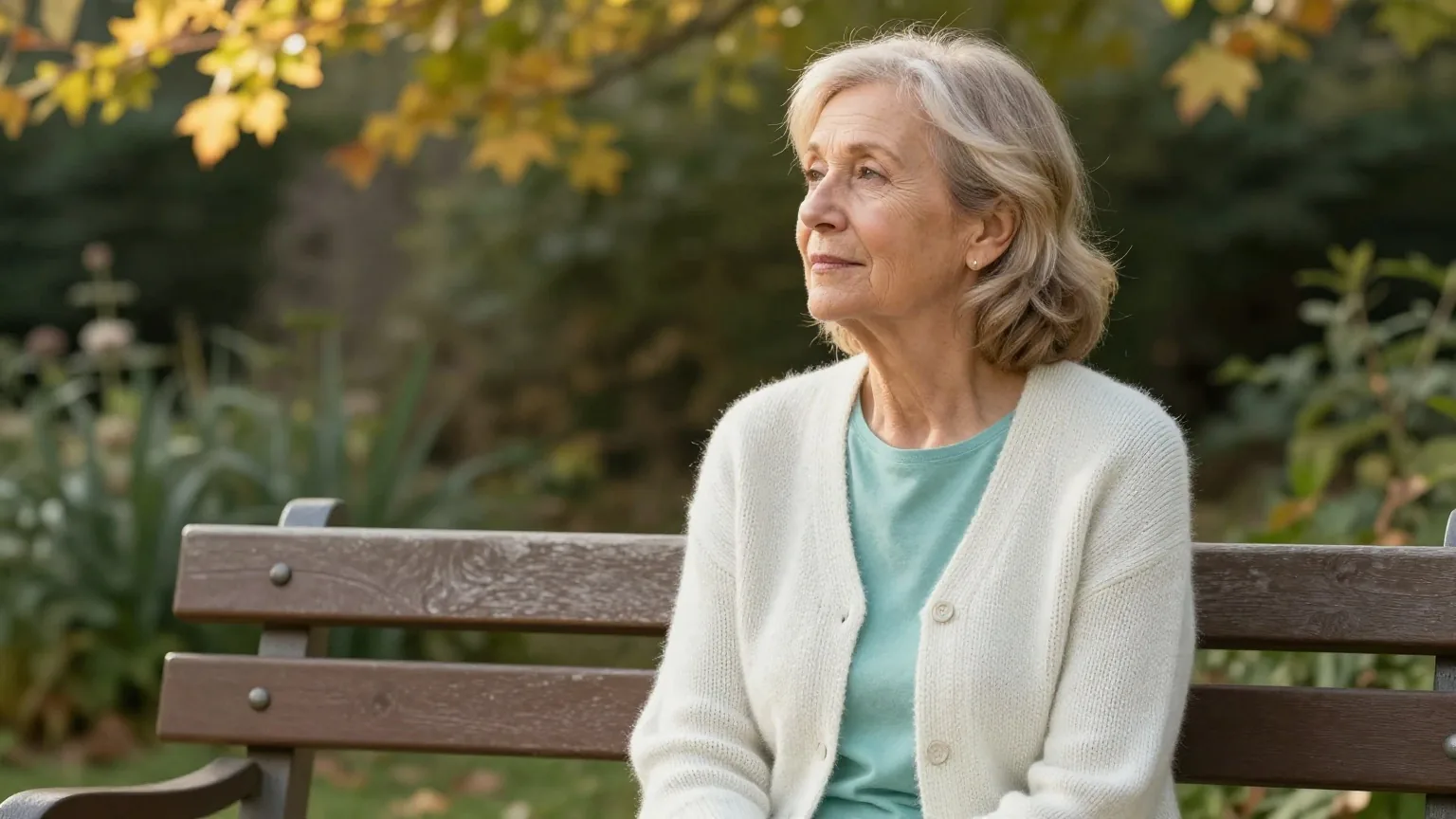 Frau Ende sechzig mit Strickjacke sitzt in der Herbstsonne auf einer Gartenbank und schaut ruhig ins Grüne