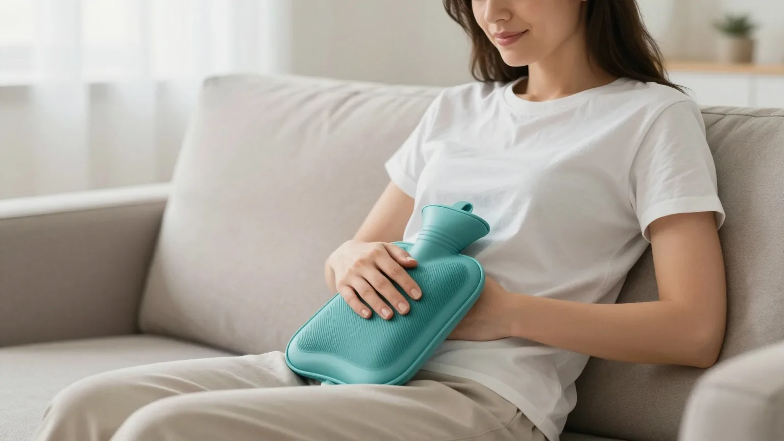 Frau Anfang dreißig sitzt auf dem Sofa, hält eine Hand auf den Unterbauch, neben ihr liegt eine Wärmflasche