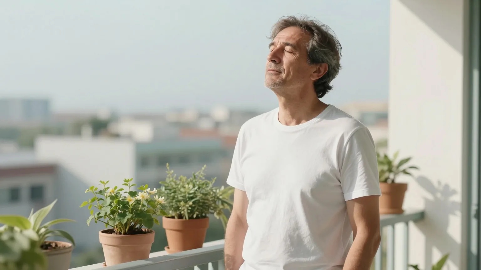 Mann in den Vierzigern steht am Morgen auf einem Balkon mit Pflanzen und atmet entspannt die frische Luft ein