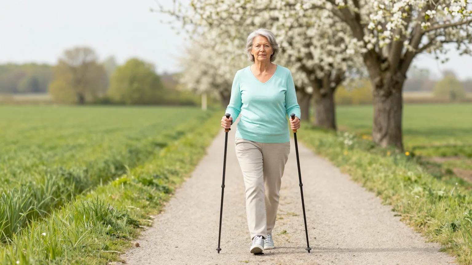 Frau Mitte sechzig mit kurzen grauen Haaren geht mit Nordic-Walking-Stöcken einen Feldweg im Frühling entlang