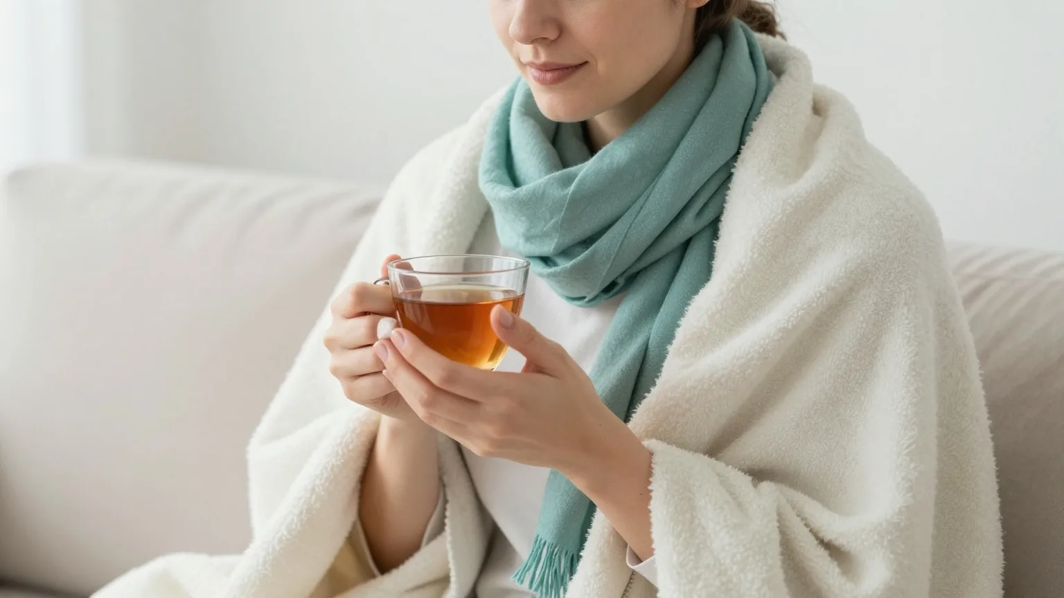 Frau Anfang dreißig sitzt mit einem Schal um den Hals und einer leichten Decke auf dem Sofa und hält eine Tasse Tee