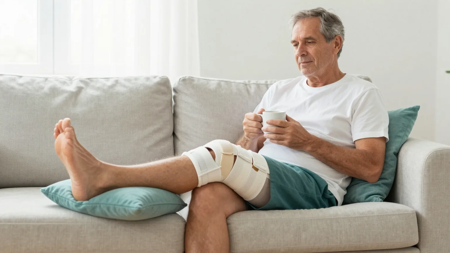 Mann um die sechzig sitzt nach einer Knieoperation mit hochgelegtem Bein auf dem Sofa und trinkt eine Tasse Kaffee