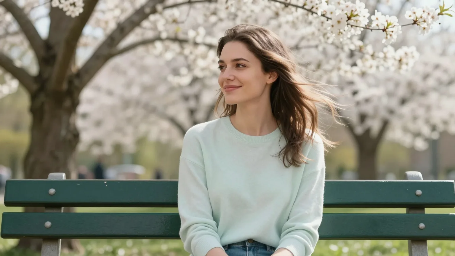 Junge Frau sitzt im Frühling auf einer Parkbank unter blühenden Bäumen und hält ihr Gesicht lächelnd in die Sonne
