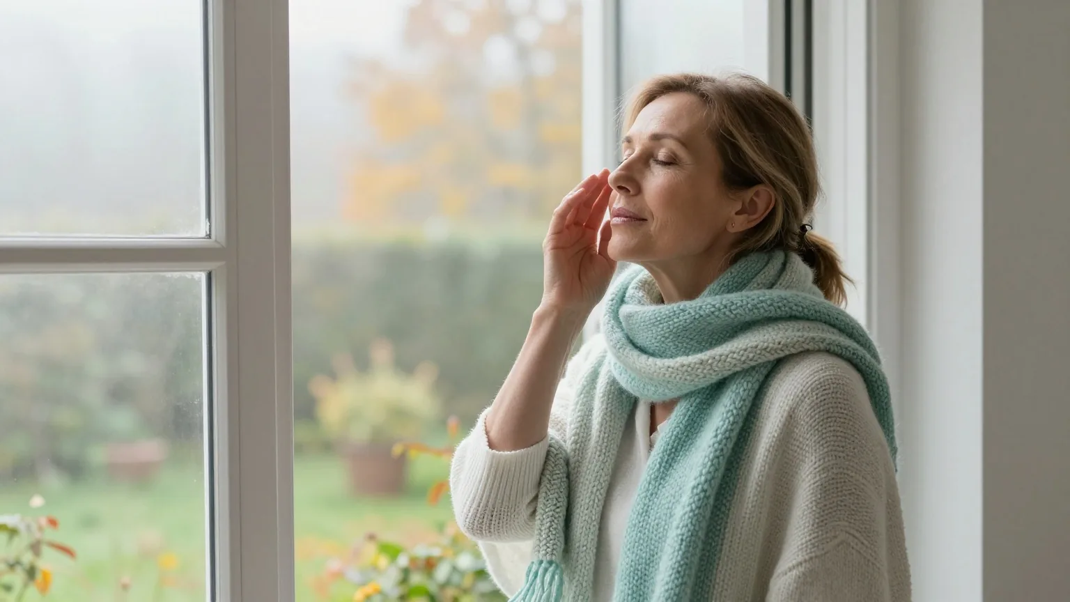Frau in den Fünfzigern steht an einem kühlen Herbstmorgen in einen weichen Schal gehüllt am offenen Fenster und atmet tief durch