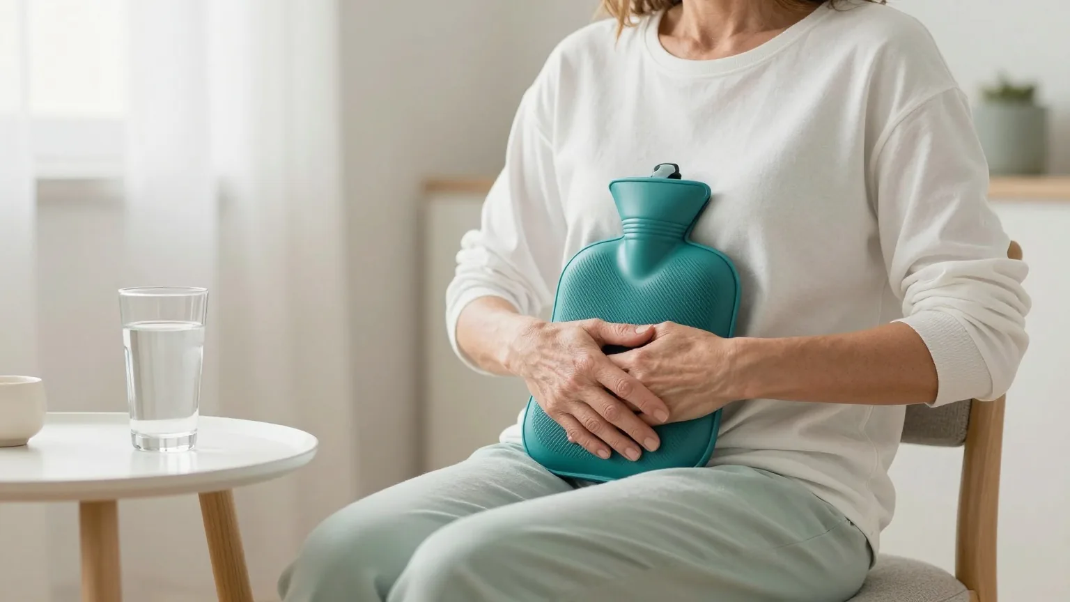 Frau in den Fünfzigern sitzt auf einem Stuhl im Wohnzimmer und hält eine Wärmflasche auf den Unterbauch, daneben ein großes Glas Wasser