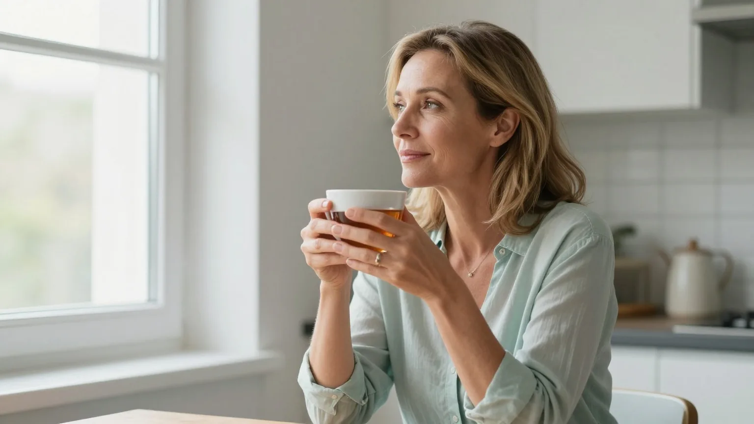 Frau Mitte vierzig mit dunkelblondem Haar sitzt am Morgen mit einer Tasse Tee am Küchenfenster und schaut ruhig nach draußen