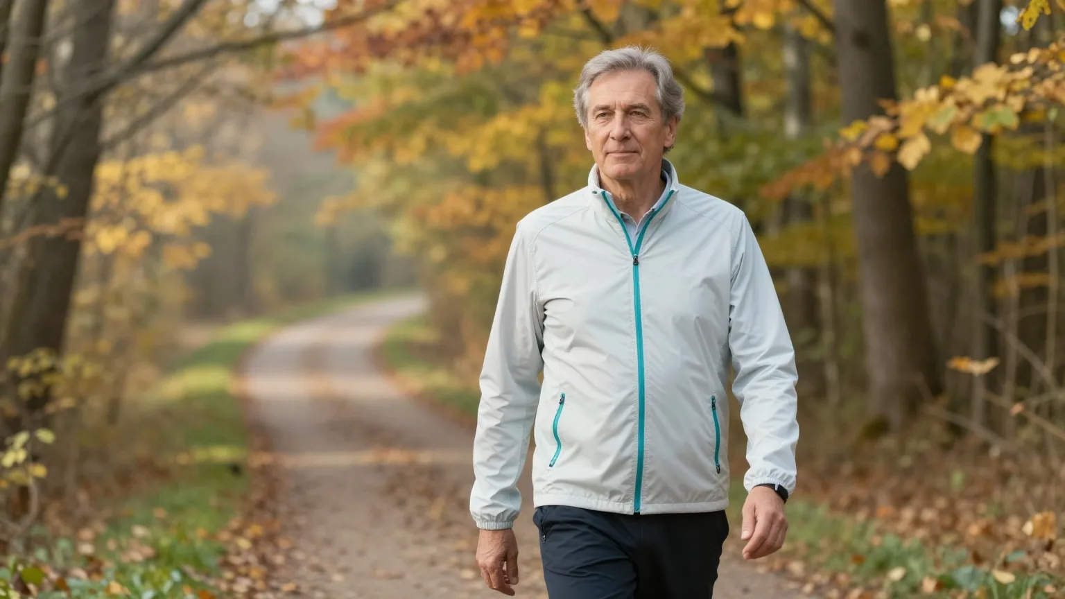 Mann Anfang sechzig in Sportjacke geht an einem klaren Herbstmorgen zügig einen Waldweg entlang