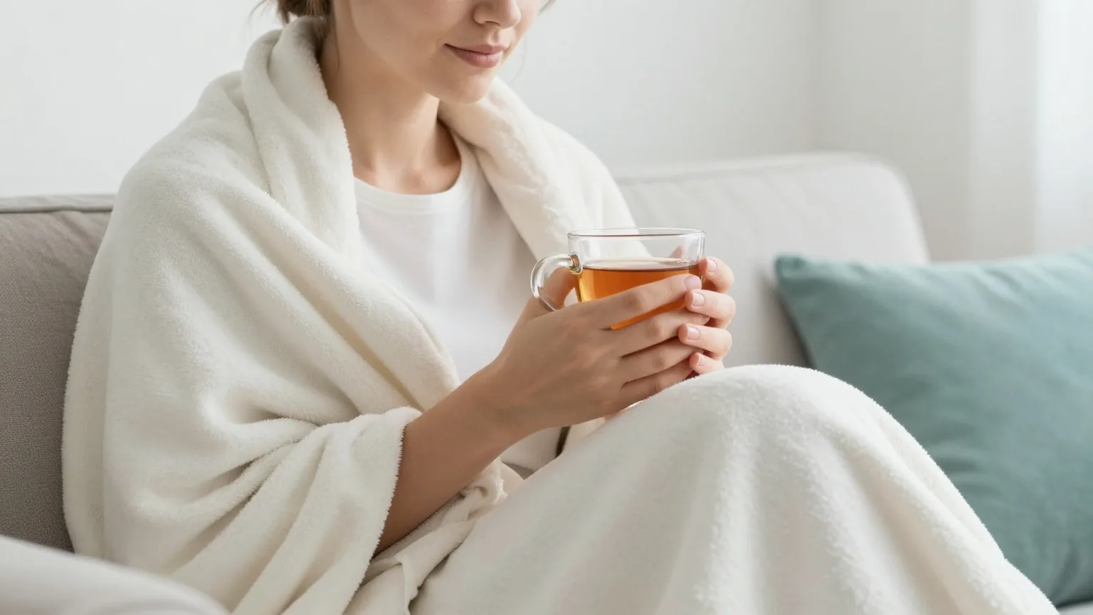 Frau Anfang dreißig sitzt entspannt in eine weiche Decke gehüllt auf einem Sofa und hält eine Tasse Tee in den Händen