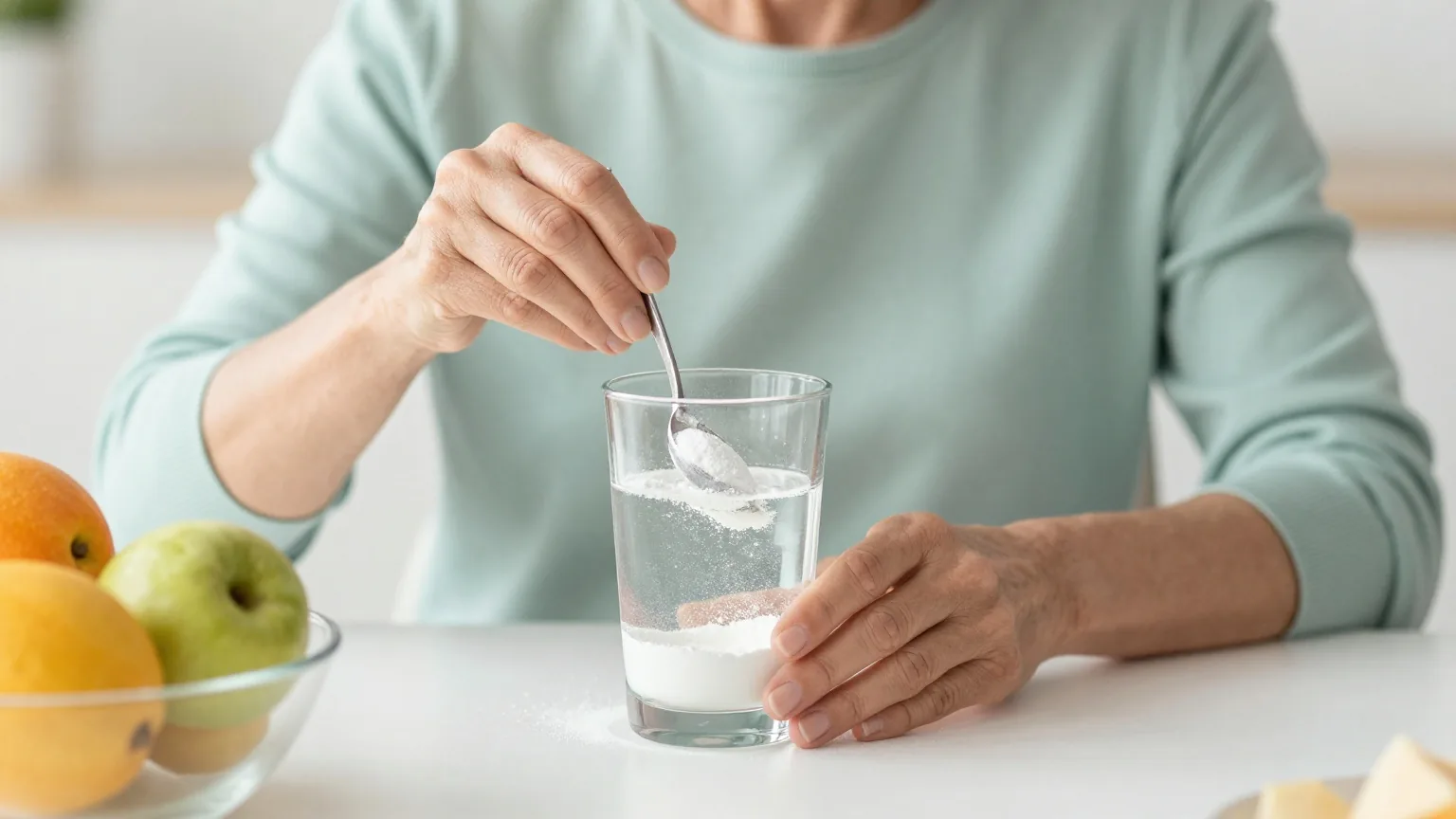 Frau in den Fünfzigern rührt am hellen Frühstückstisch ein Pulver in ein Glas Wasser, daneben eine Schale mit Obst