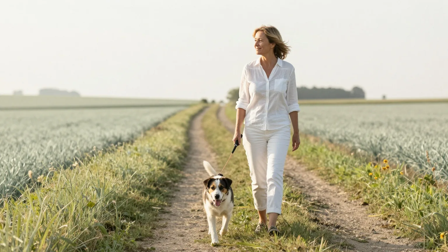 Frau in den Vierzigern geht im Frühsommer mit ihrem Hund einen grasbewachsenen Feldweg entlang und lächelt entspannt in der warmen Sonne