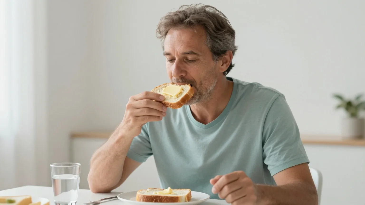 Mann in den Fünfzigern sitzt am Morgen an einem hellen Esstisch, frühstückt ein Butterbrot und trinkt dazu ein Glas Wasser
