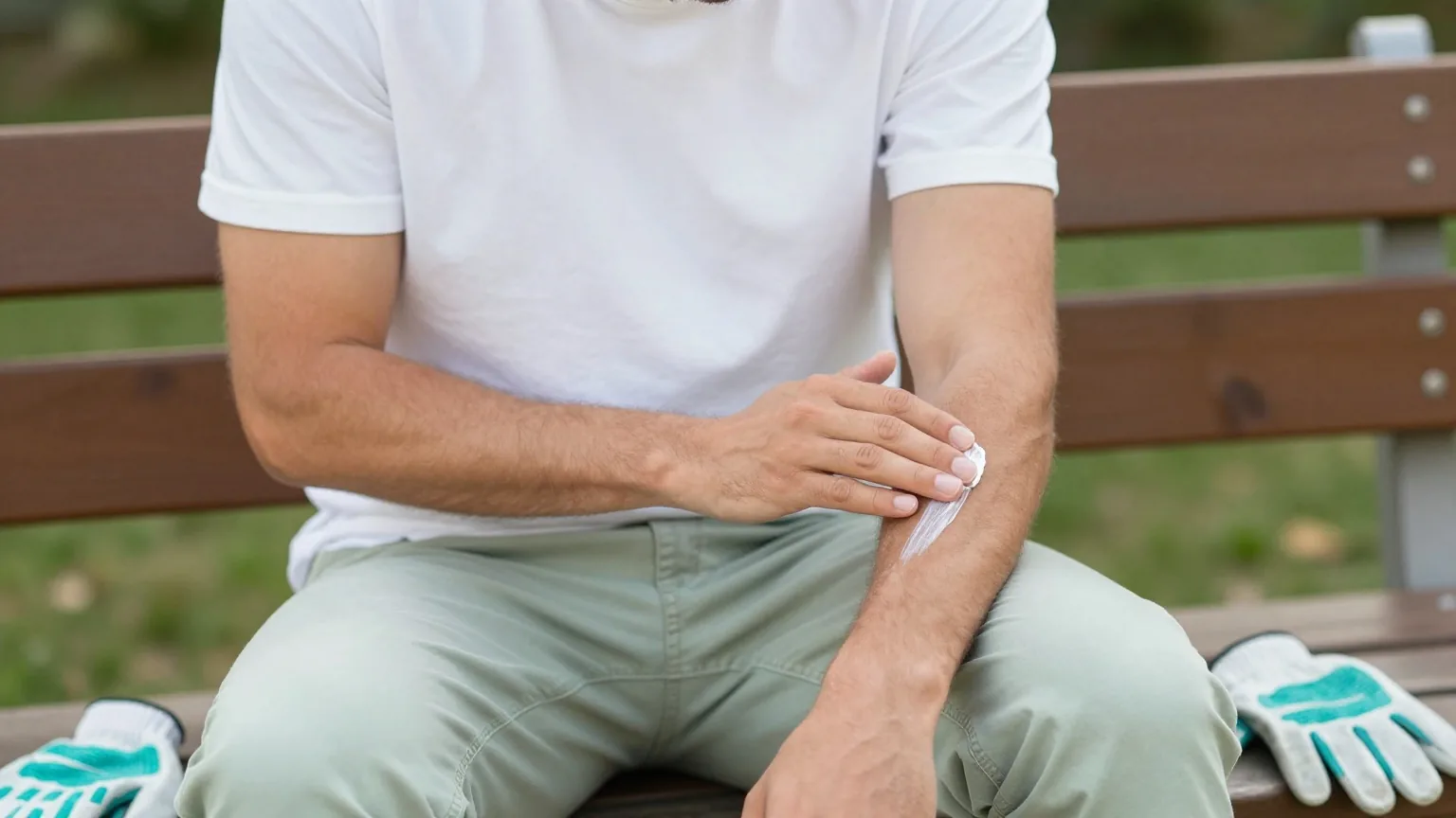 Mann Mitte dreißig sitzt auf einer Gartenbank und reibt eine dünne Schicht weißer Creme auf seinen Unterarm, neben ihm liegen Gartenhandschuhe