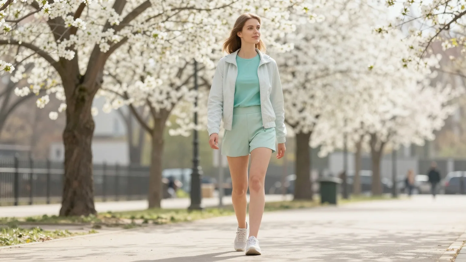 Junge Frau Ende zwanzig geht an einem sonnigen Frühlingstag zügig durch einen Stadtpark
