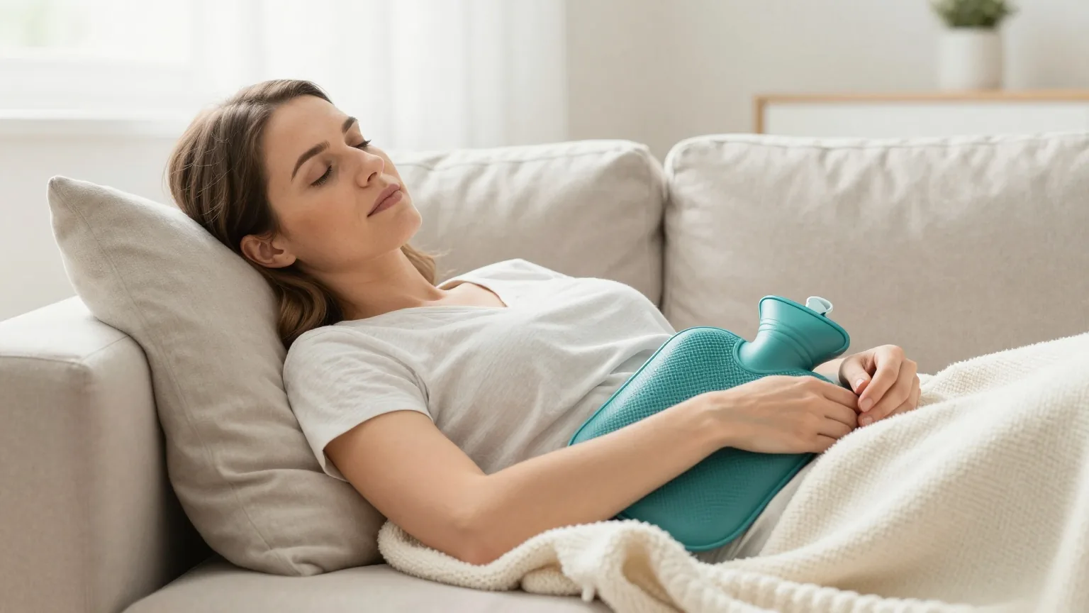 Frau in den Dreißigern ruht auf einem Sofa unter einer Decke, eine Wärmflasche auf dem Unterbauch