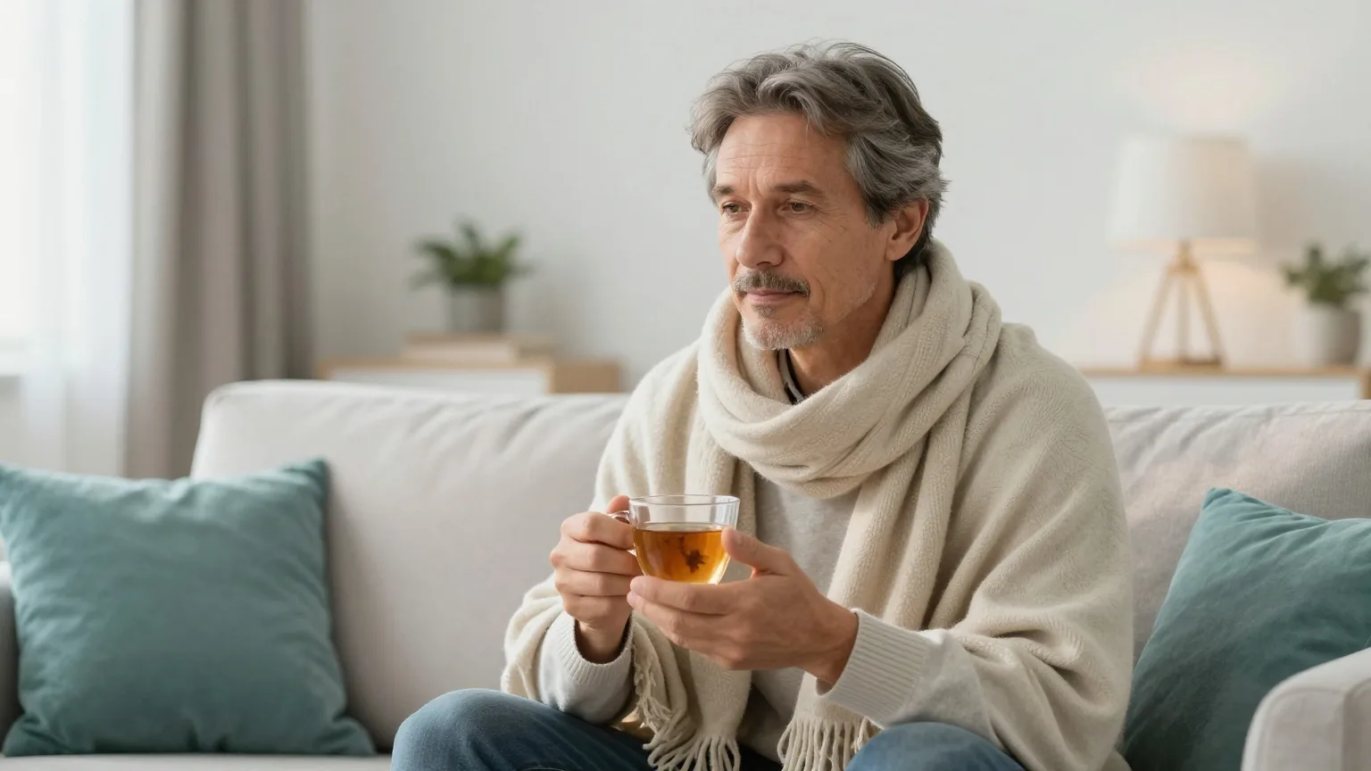 Mann in den Vierzigern sitzt am Abend mit einem warmen Schal im ruhigen Wohnzimmer auf dem Sofa und hält eine Tasse Kräutertee