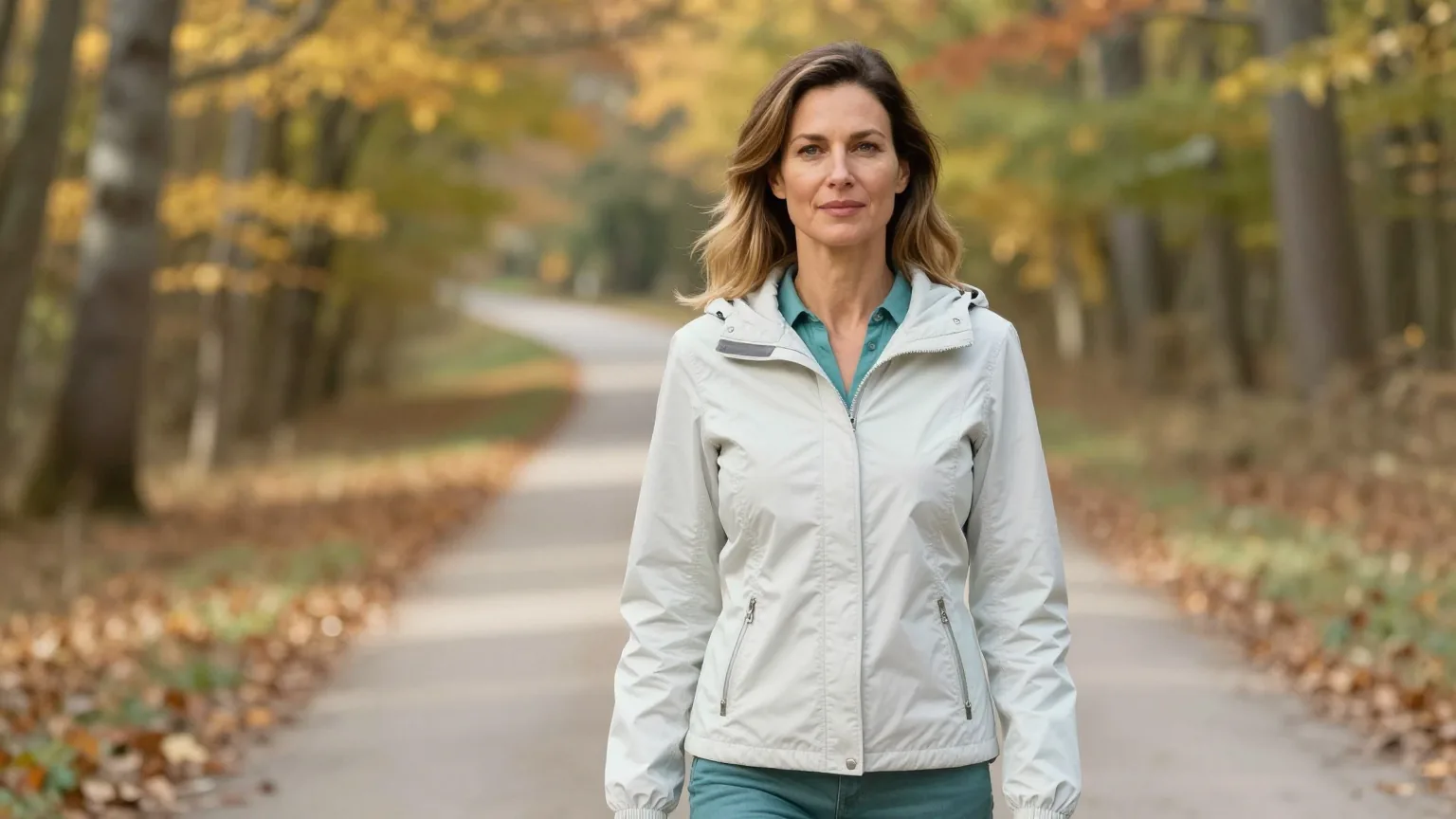 Frau in den Dreißigern geht an einem sonnigen Herbsttag auf einem Waldweg spazieren