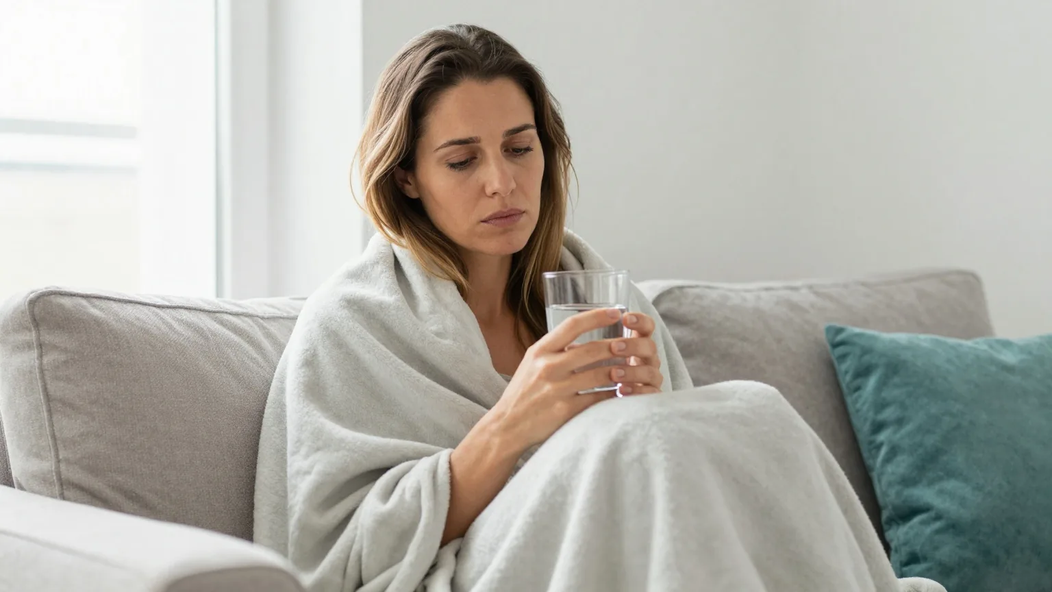 Frau in den Dreißigern sitzt in eine leichte Decke gehüllt auf dem Sofa und hält ein Glas Wasser in der Hand