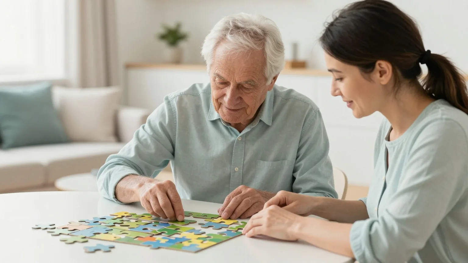 Älterer Mann mit weißem Haar legt mit seiner erwachsenen Tochter an einem hellen Wohnzimmertisch ein Puzzle
