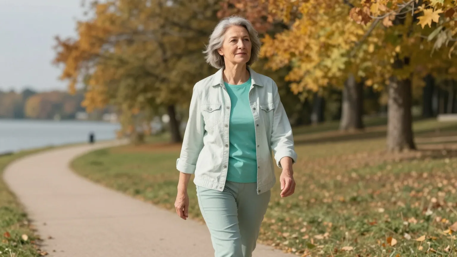 Frau in den Sechzigern geht an einem Herbsttag zügig auf einem Uferweg an einem See entlang