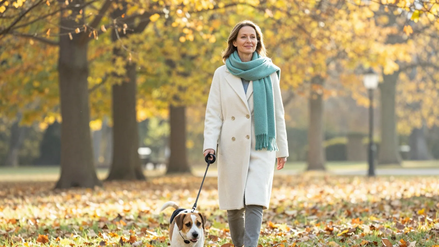 Frau Anfang fünfzig geht mit ihrem Hund durch einen sonnigen Park im Herbst
