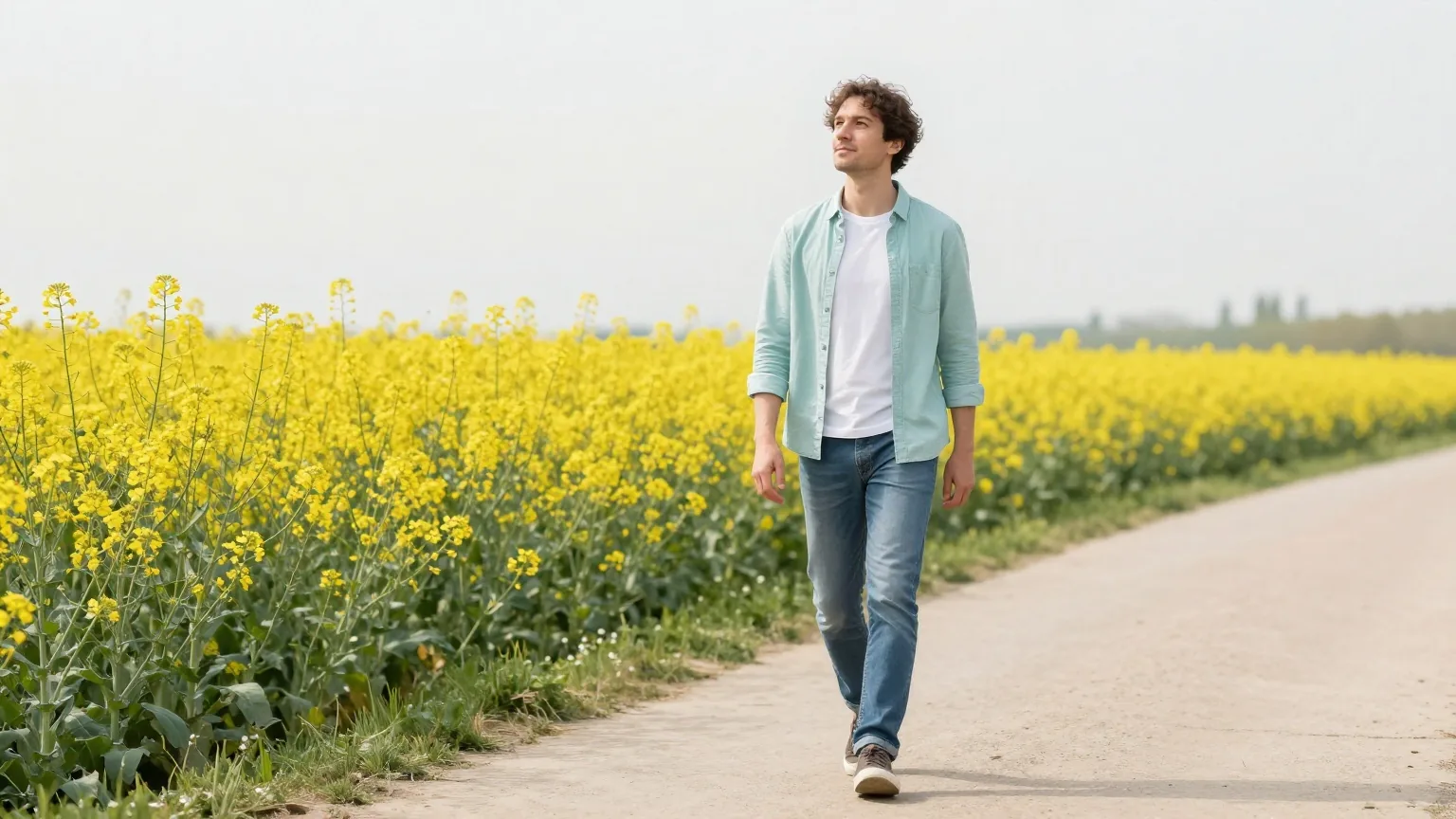 Mann in den Dreißigern geht im Frühling auf einem Feldweg an einem blühenden Rapsfeld entlang