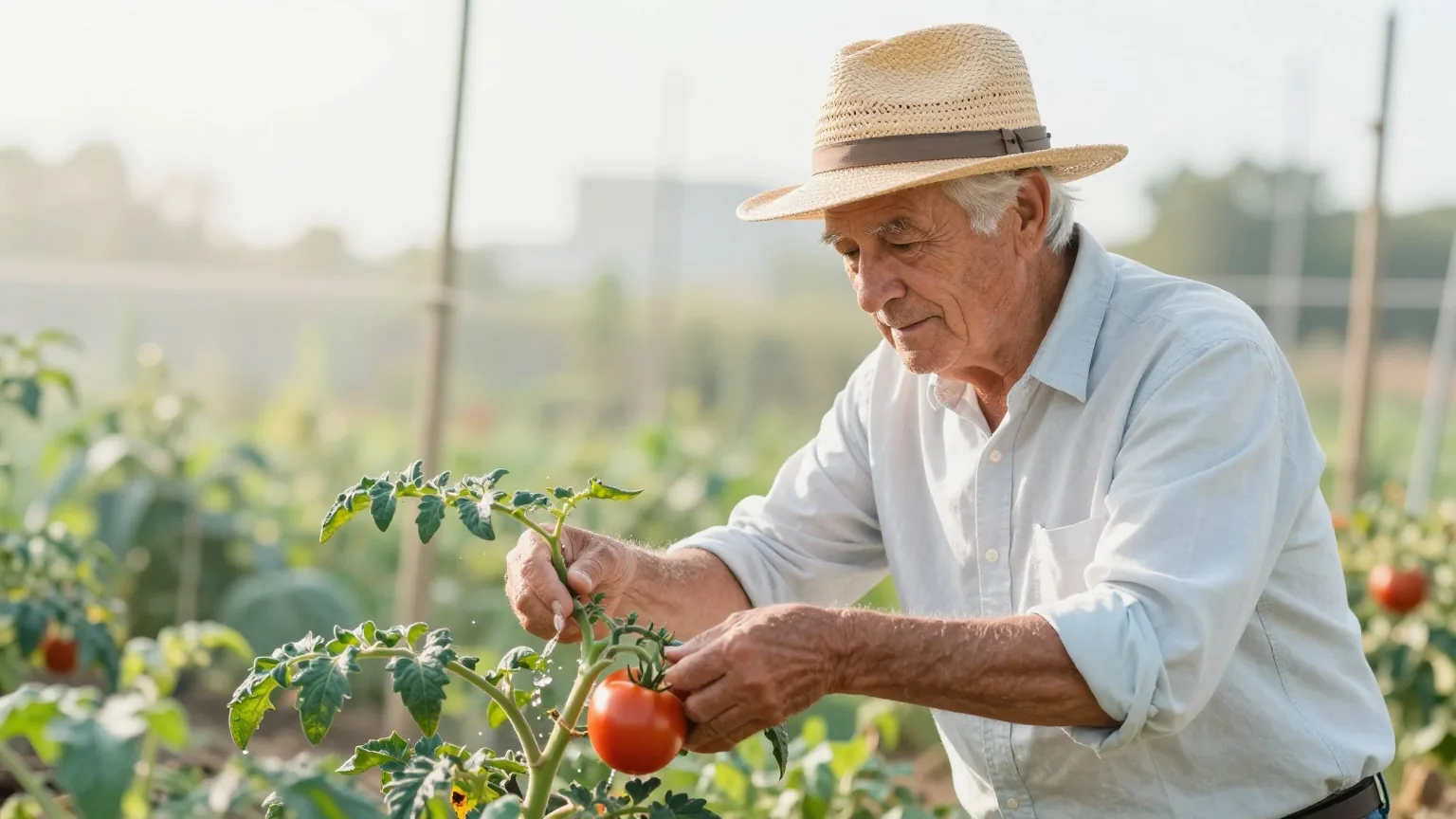 Mann Anfang siebzig mit weißem Haar gießt an einem sonnigen Morgen Tomatenpflanzen in seinem Gemüsegarten