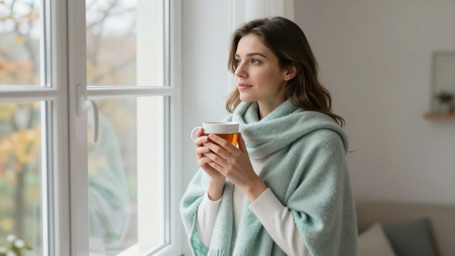 Frau um die dreißig steht an einem grauen Herbsttag mit Schal am Fenster des gemütlichen Wohnzimmers und hält einen Becher Tee
