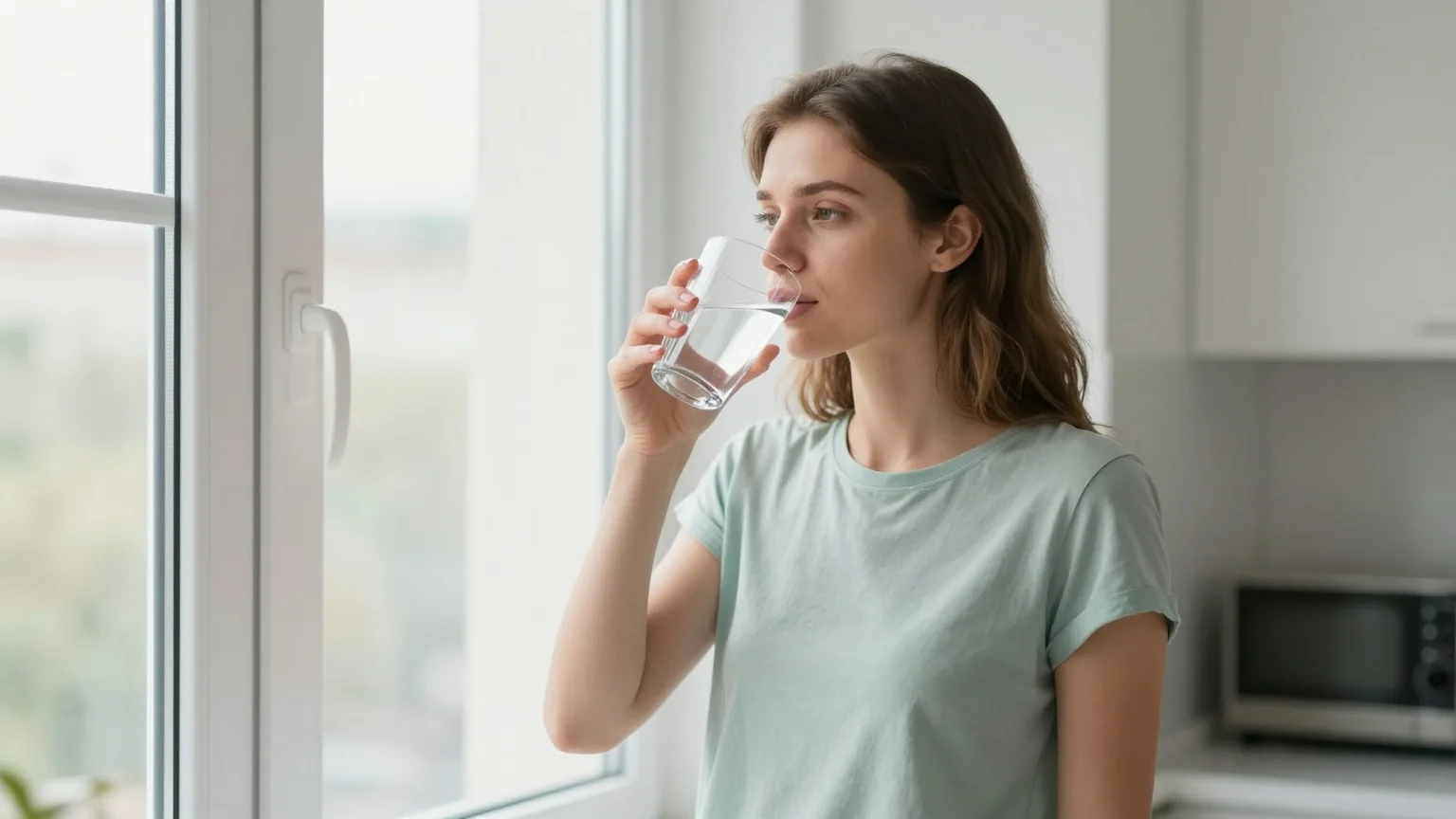 Junge Frau Ende zwanzig steht morgens in einer hellen Küche am Fenster und trinkt ein Glas Wasser