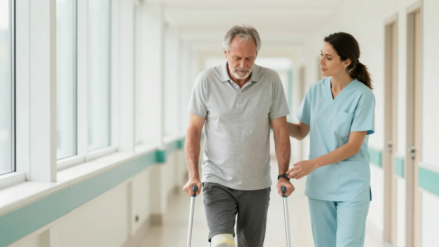 Mann Ende fünfzig mit Gehstützen geht nach einer Knieoperation langsam einen hellen Klinikflur entlang, begleitet von einer Physiotherapeutin