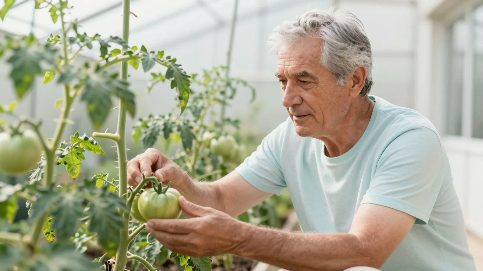 Mann Ende sechzig mit grauem Haar pflegt an einem sonnigen Morgen Tomatenpflanzen in seinem Garten