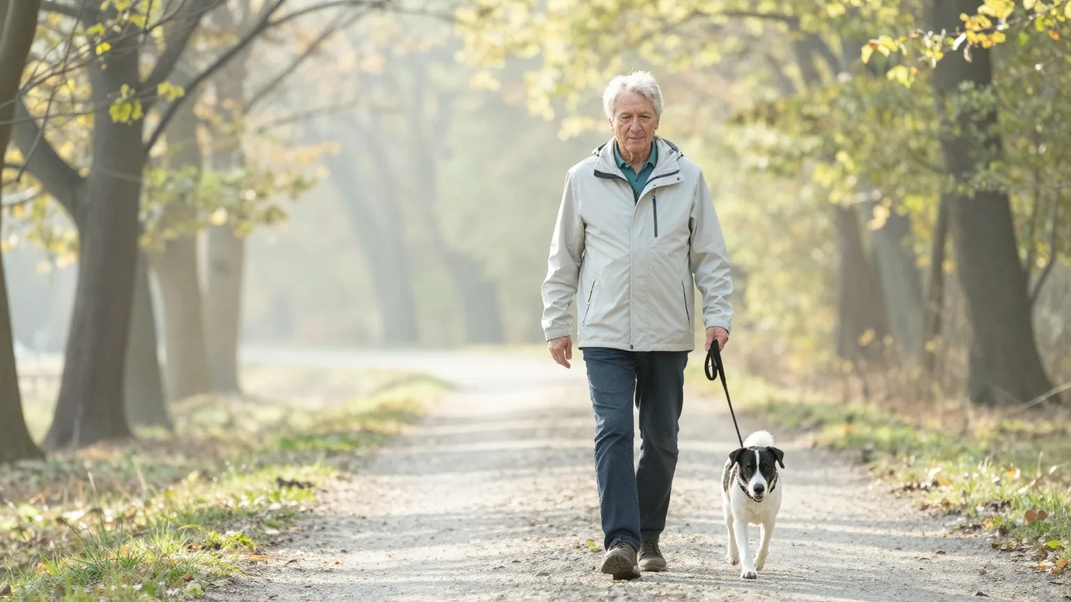 Mann Mitte sechzig geht an einem ruhigen Morgen mit seinem Hund einen Waldweg entlang