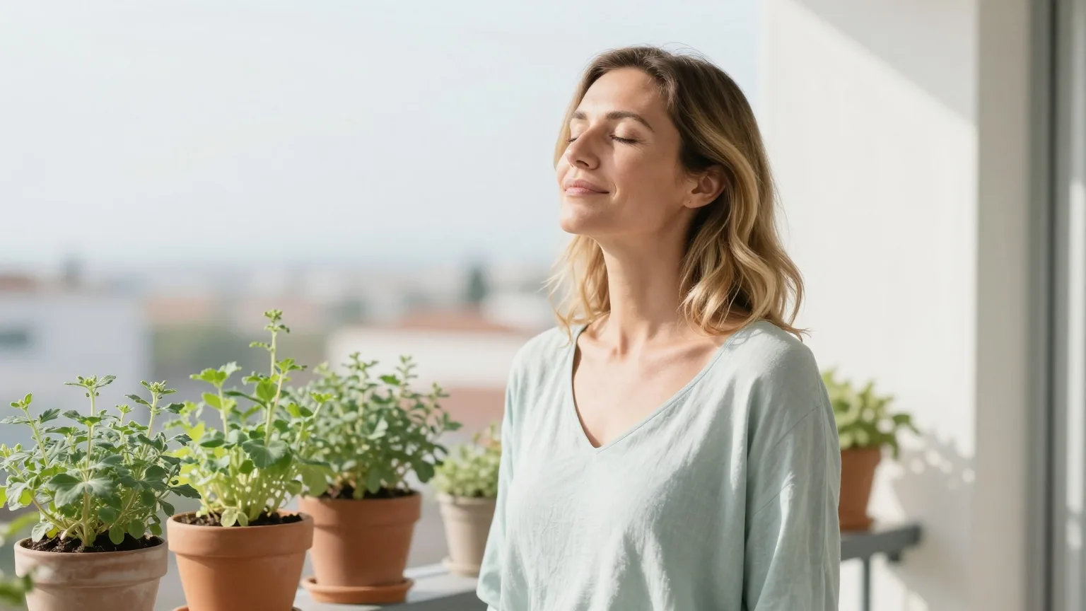 Frau Ende dreißig steht morgens auf einem sonnigen Balkon zwischen Kräutertöpfen und atmet mit geschlossenen Augen ruhig durch