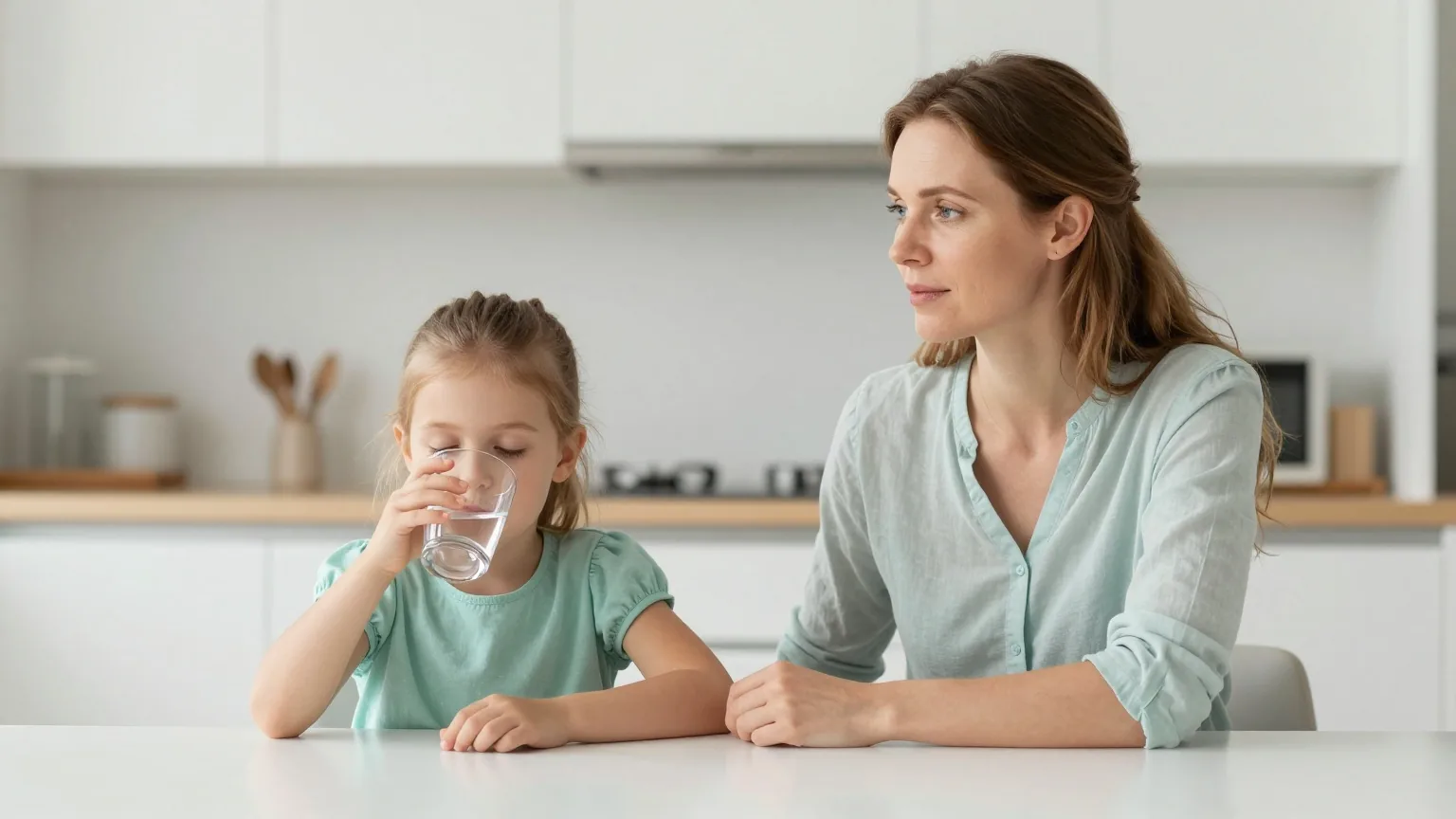 Mutter in den Dreißigern sitzt in einer hellen Küche neben ihrer kleinen Tochter, die aus einem Glas Wasser trinkt