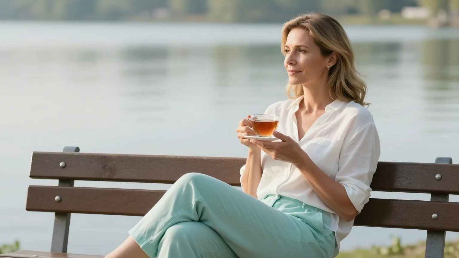 Frau in den Vierzigern mit dunkelblondem Haar sitzt am Morgen ruhig auf einer Holzbank an einem See und hält eine Tasse Tee