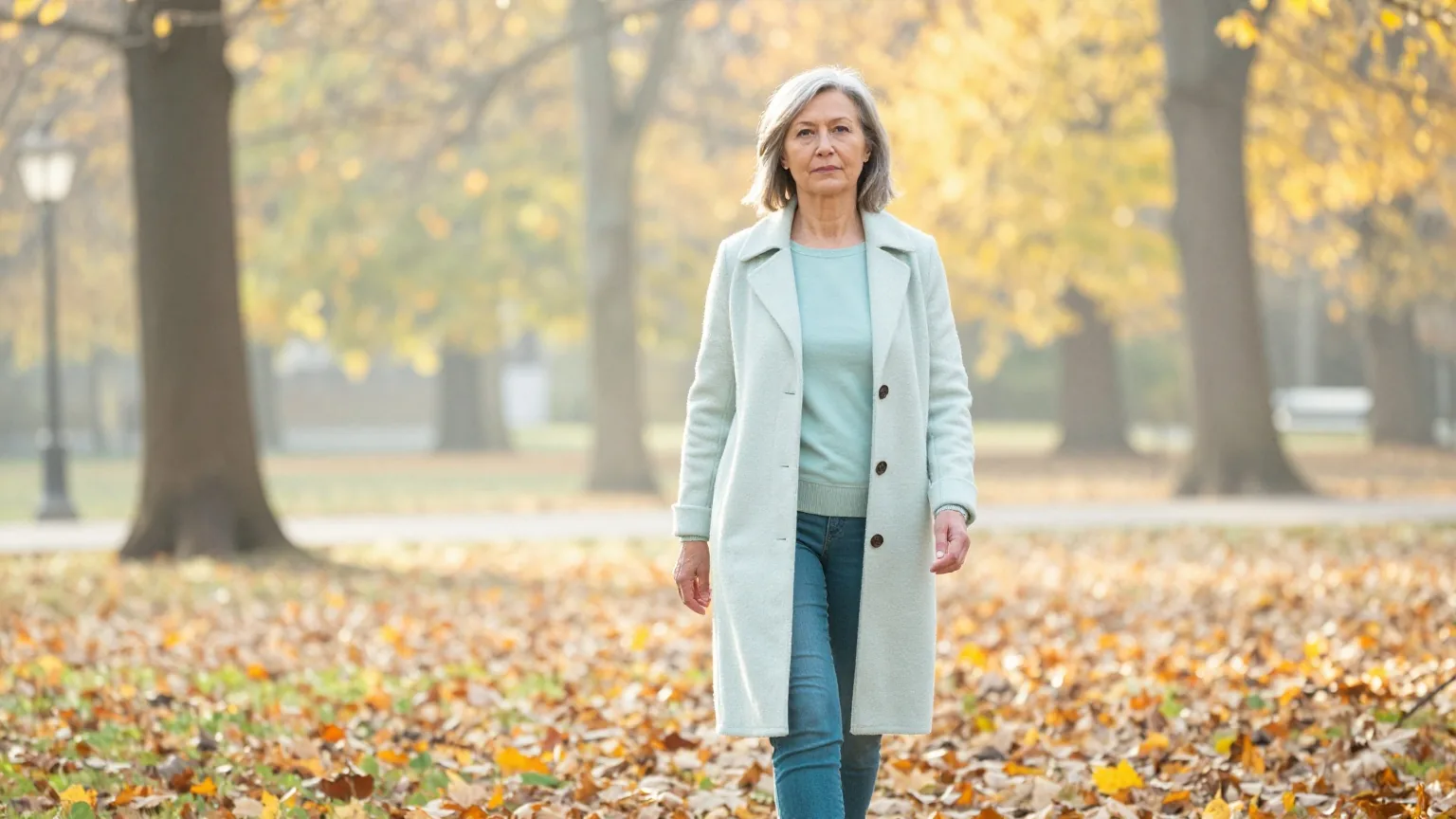 Frau Mitte fünfzig mit kurzem grauem Haar geht an einem hellen Herbstmorgen entspannt durch einen Park