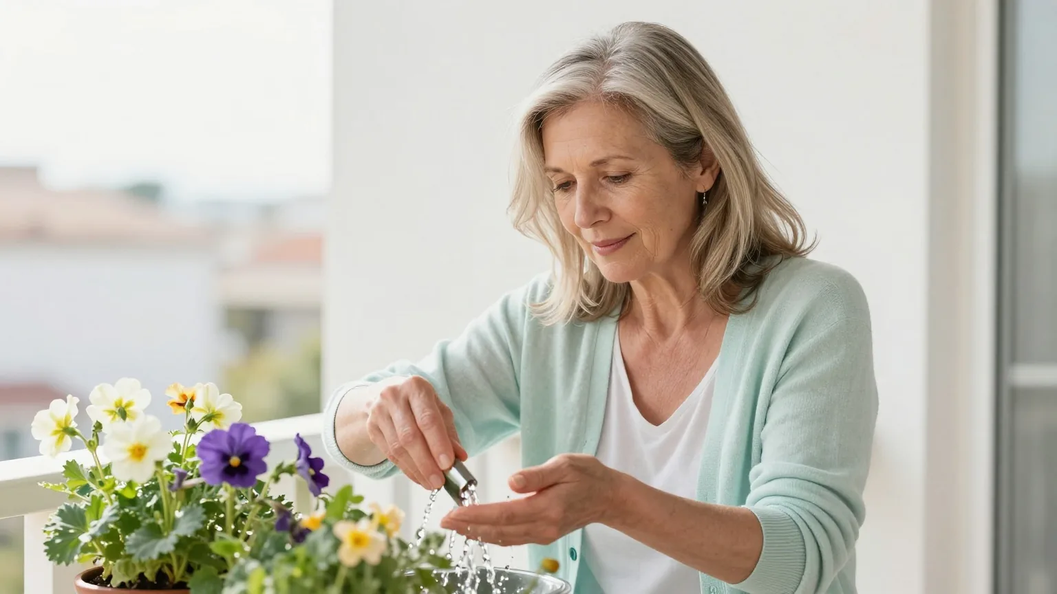 Frau in den Fünfzigern gießt an einem sonnigen Morgen Blumen auf einem Balkon