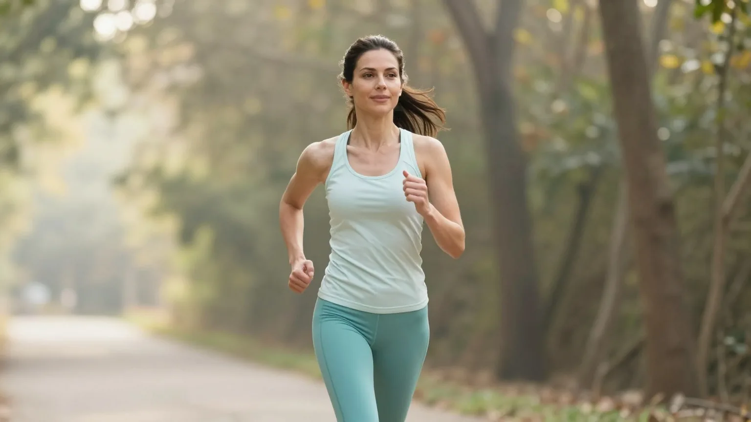 Junge Frau Ende zwanzig mit langen dunklen Haaren joggt am Morgen in Sportkleidung über einen Waldweg mit Sonnenlicht zwischen den Bäumen