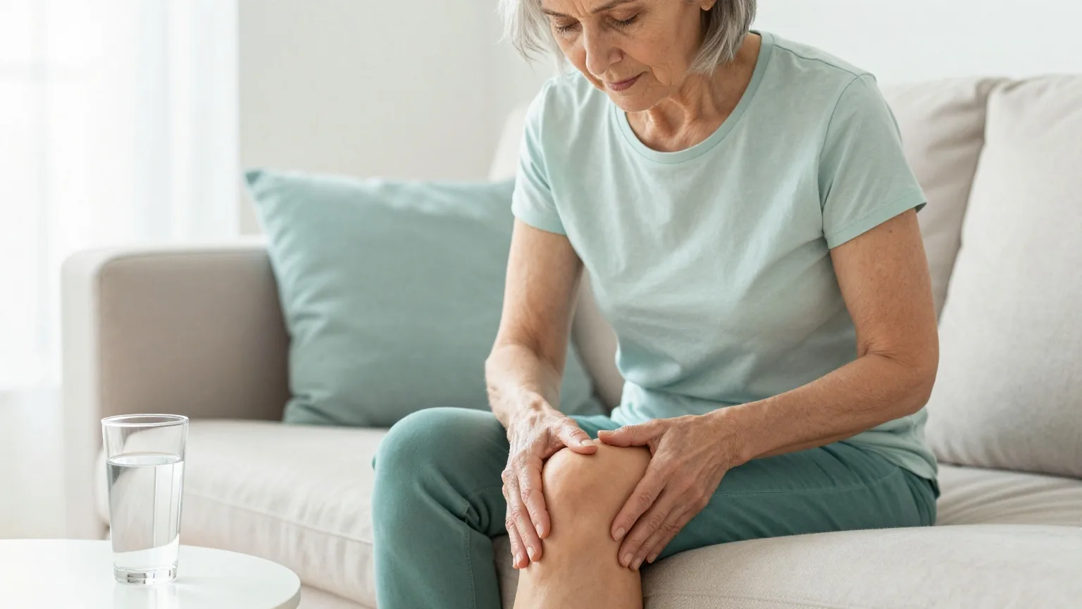 Frau Mitte sechzig sitzt in einem hellen Wohnzimmer auf dem Sofa und massiert sich das Knie, neben ihr auf dem Beistelltisch ein Glas Wasser