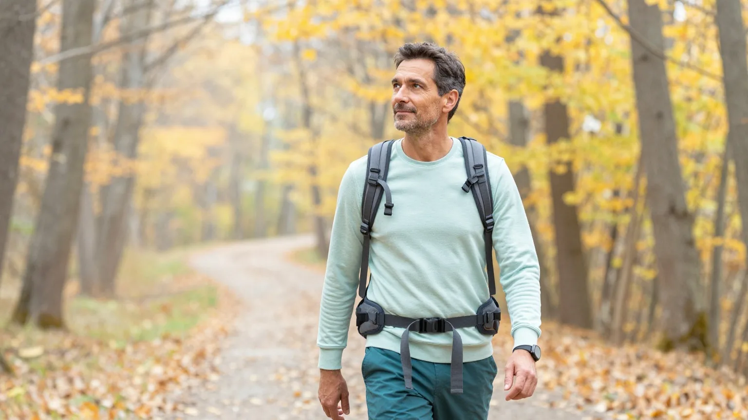 Mann Mitte fünfzig mit kurzen dunklen Haaren wandert an einem hellen Herbsttag mit Rucksack auf einem Waldweg