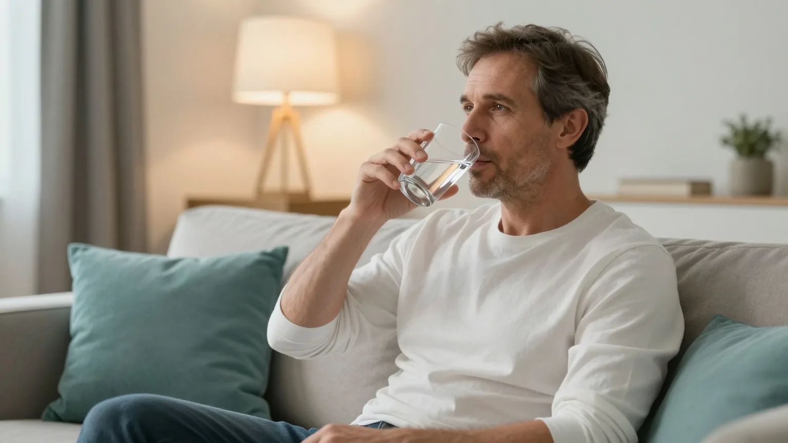 Mann in den Fünfzigern sitzt am Abend in einem gemütlichen Wohnzimmer und trinkt ein Glas Wasser