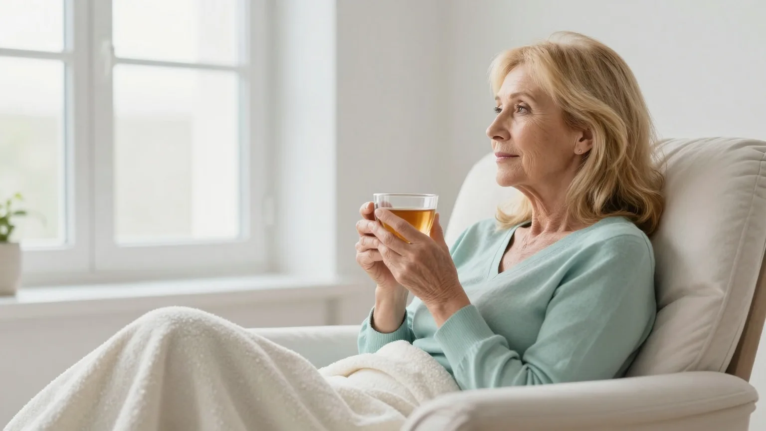 Frau in den Sechzigern ruht mit einer Decke im Sessel, hält eine Tasse Tee und schaut aus dem Fenster